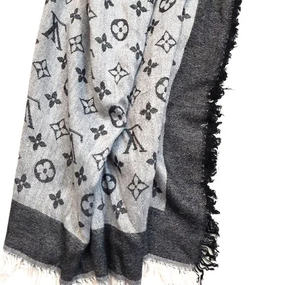 LOUIS VUITTON LV Vintage Light & Charcoal Gray Black Monogram Scarf Shawl Wrap - Picture 6 of 11